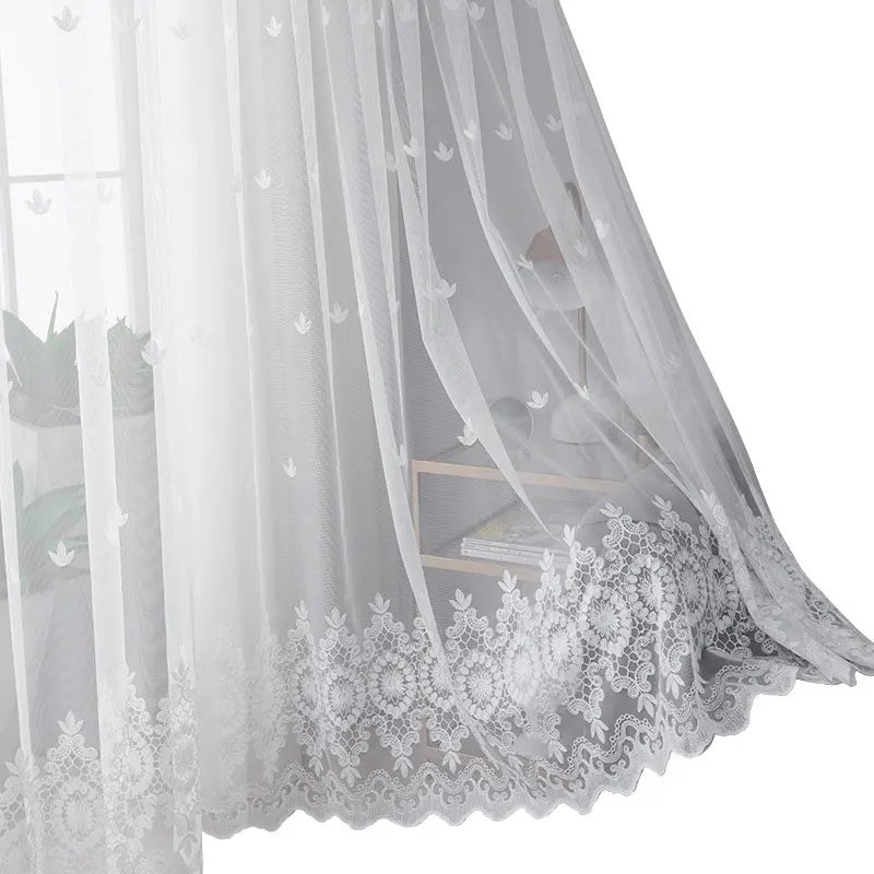 Embroidered Floral White Tulle Window Screen Curtain for Living Room