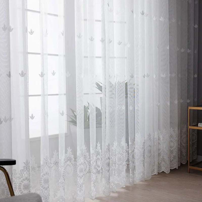 Embroidered Floral White Tulle Window Screen Curtain for Living Room