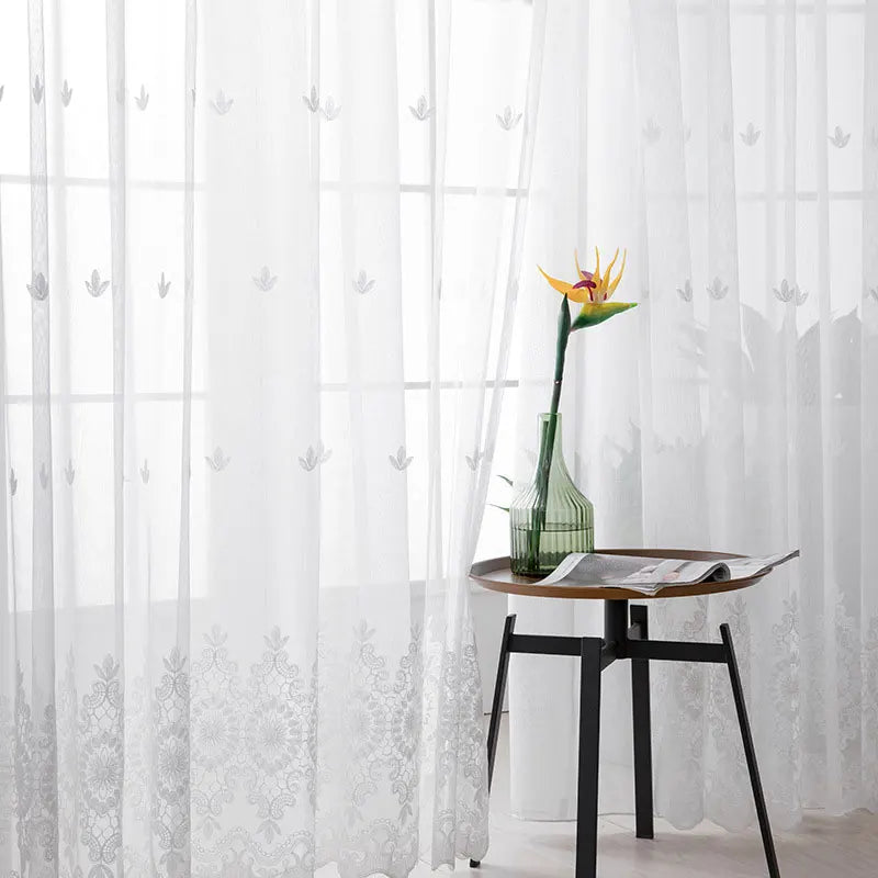 Embroidered Floral White Tulle Window Screen Curtain for Living Room