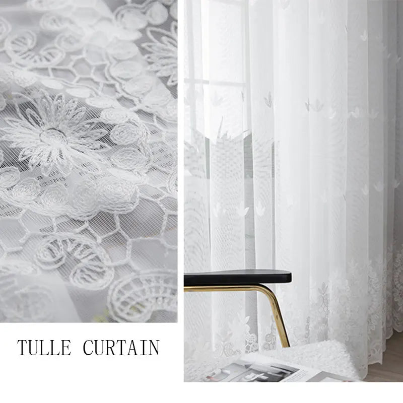 Embroidered Floral White Tulle Window Screen Curtain for Living Room